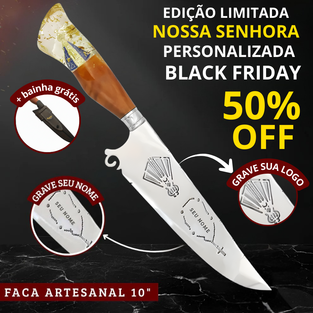 Faca Churrasco Artesanal Nossa Senhora Aparecida Terço + Bainha Grátis